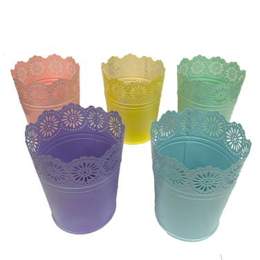 Pastel Metal Planters with Laser-Cut Lace Effect Top Set of 5 Hire