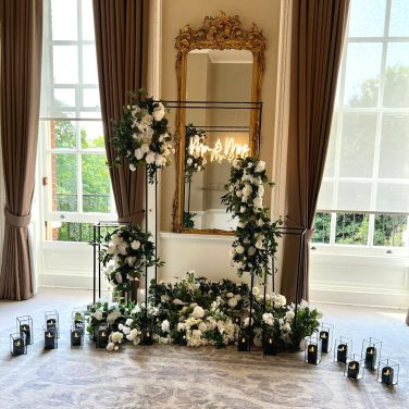 Black metal backdrop stands at Wedding