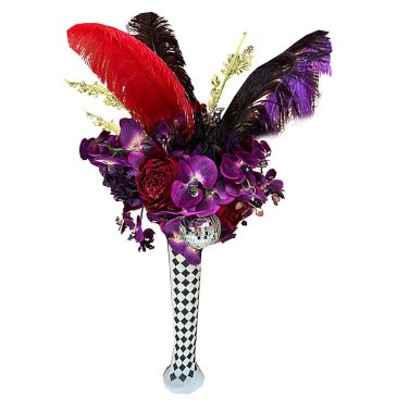 Circus Centrepiece Harlequin Vase with Purple & Red flowers feathers & mirror balls hire rent