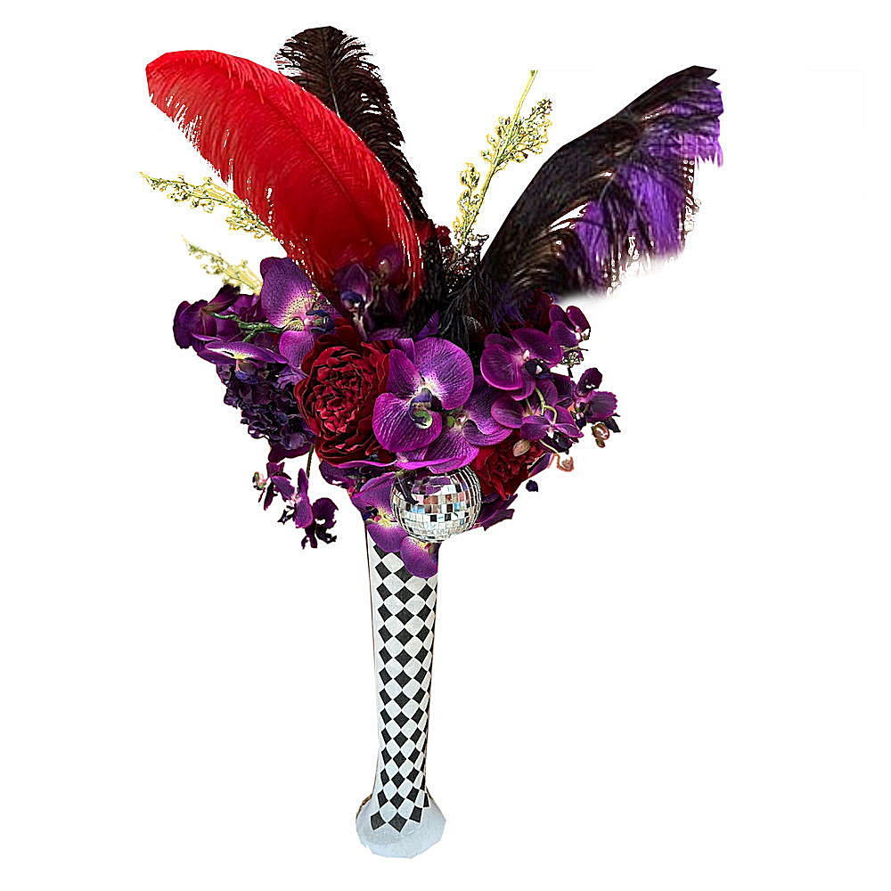 Circus Centrepiece Harlequin Vase with Purple & Red flowers feathers & mirror balls hire rent