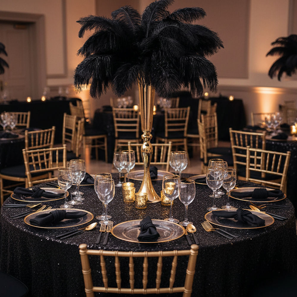 Gold trumpet vase with black feathers
