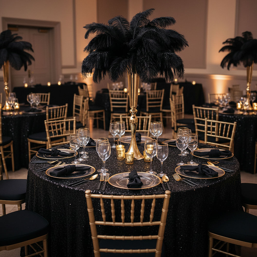 Gold trumpet vase with black feathers