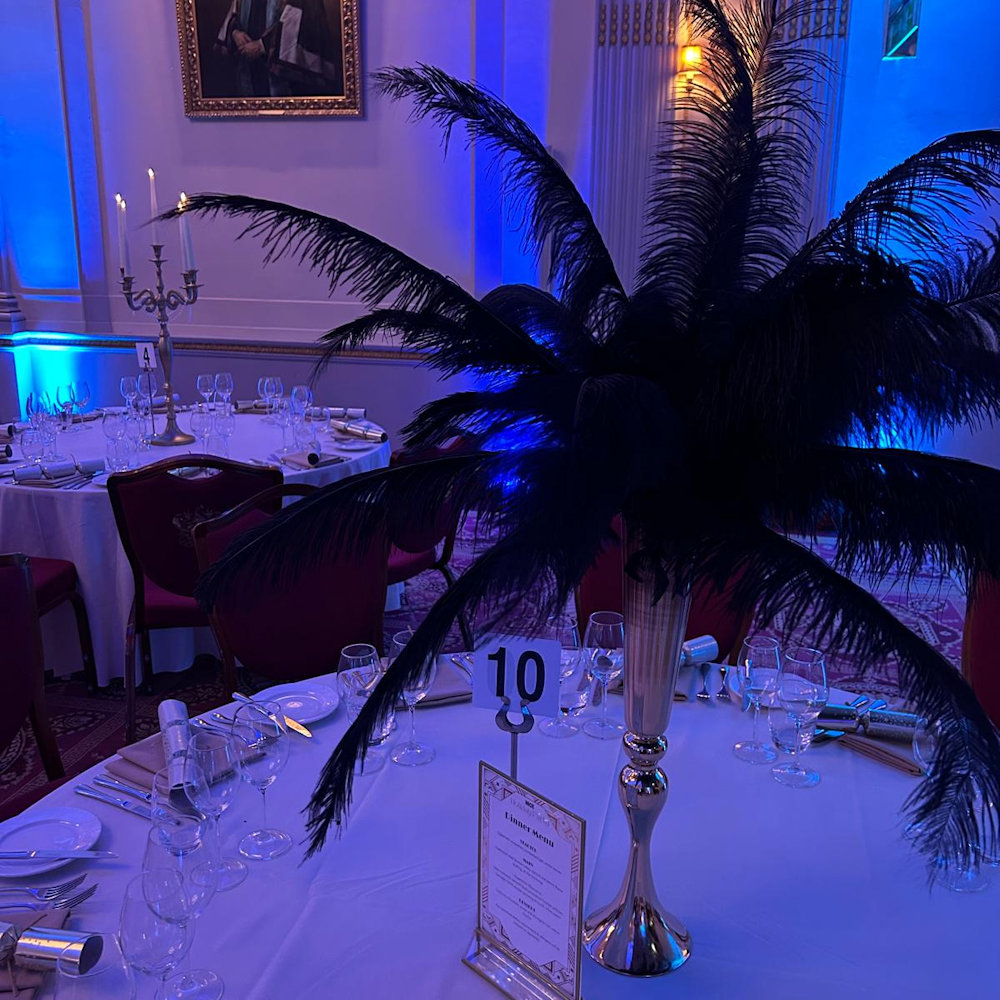 Black Feather Centrepiece on Gold Trumpet Vase Hire Gatsby Event Party Wedding