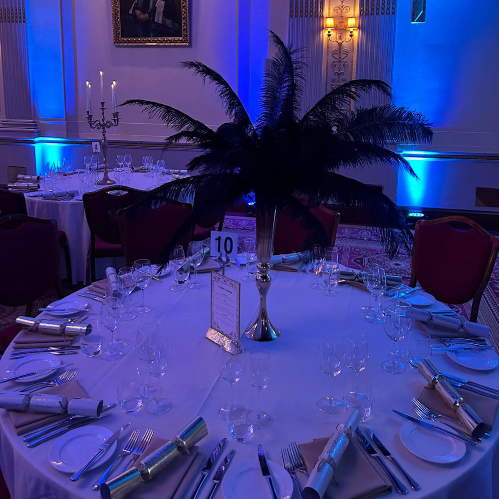 Black Feather Centrepiece on Gold Trumpet Vase Hire Gatsby Event Party Wedding