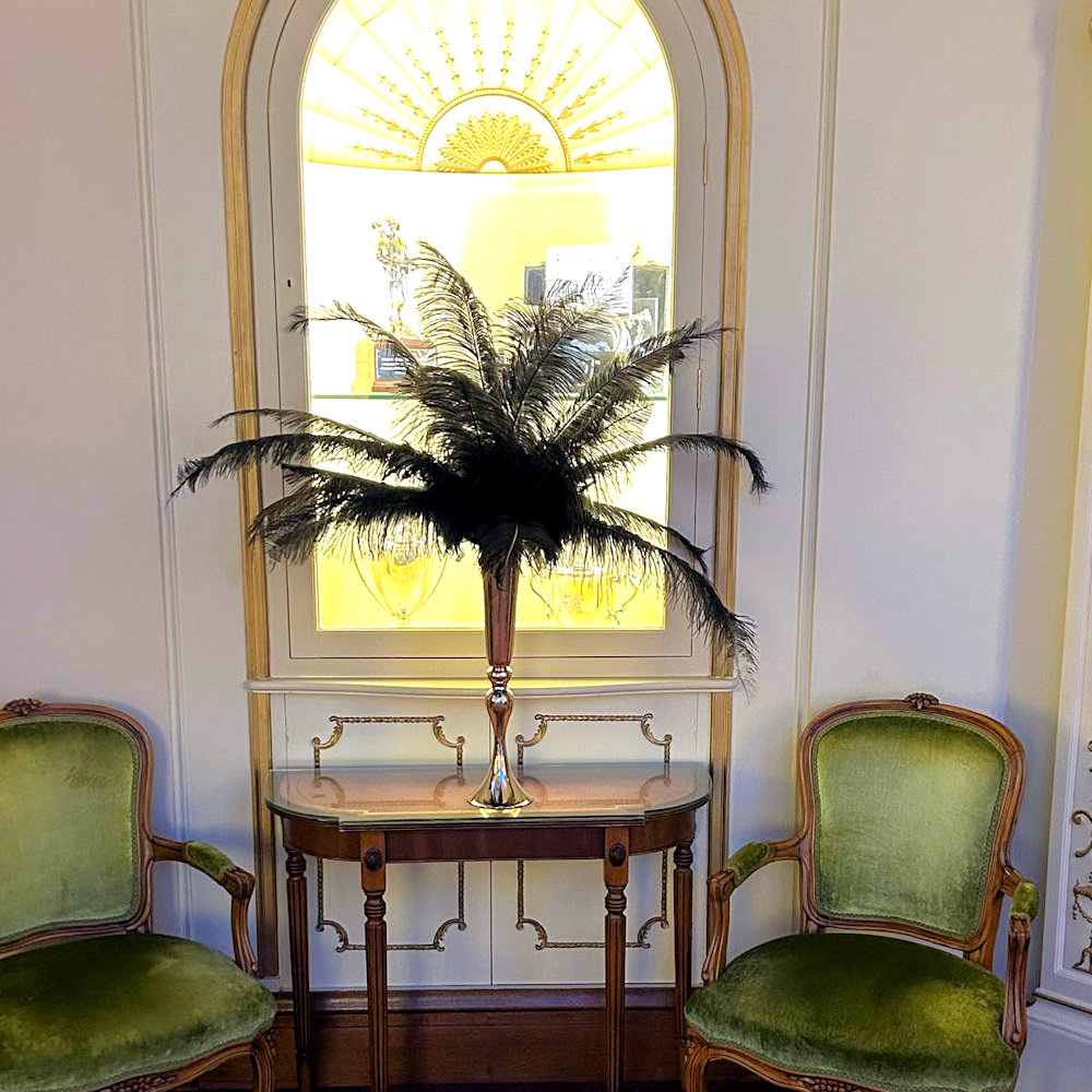 Black Feather Centrepiece on Gold Trumpet Vase Hire Gatsby Event Party Wedding