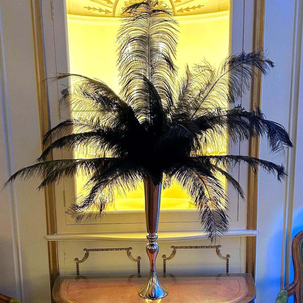 Black Feather Centrepiece on Gold Trumpet Vase Hire Gatsby Event Party Wedding