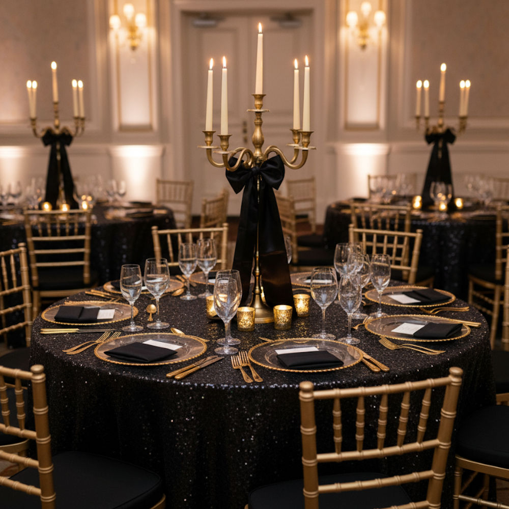 Gold 95cm candleabra with black bow sequin cloth chiavaris
