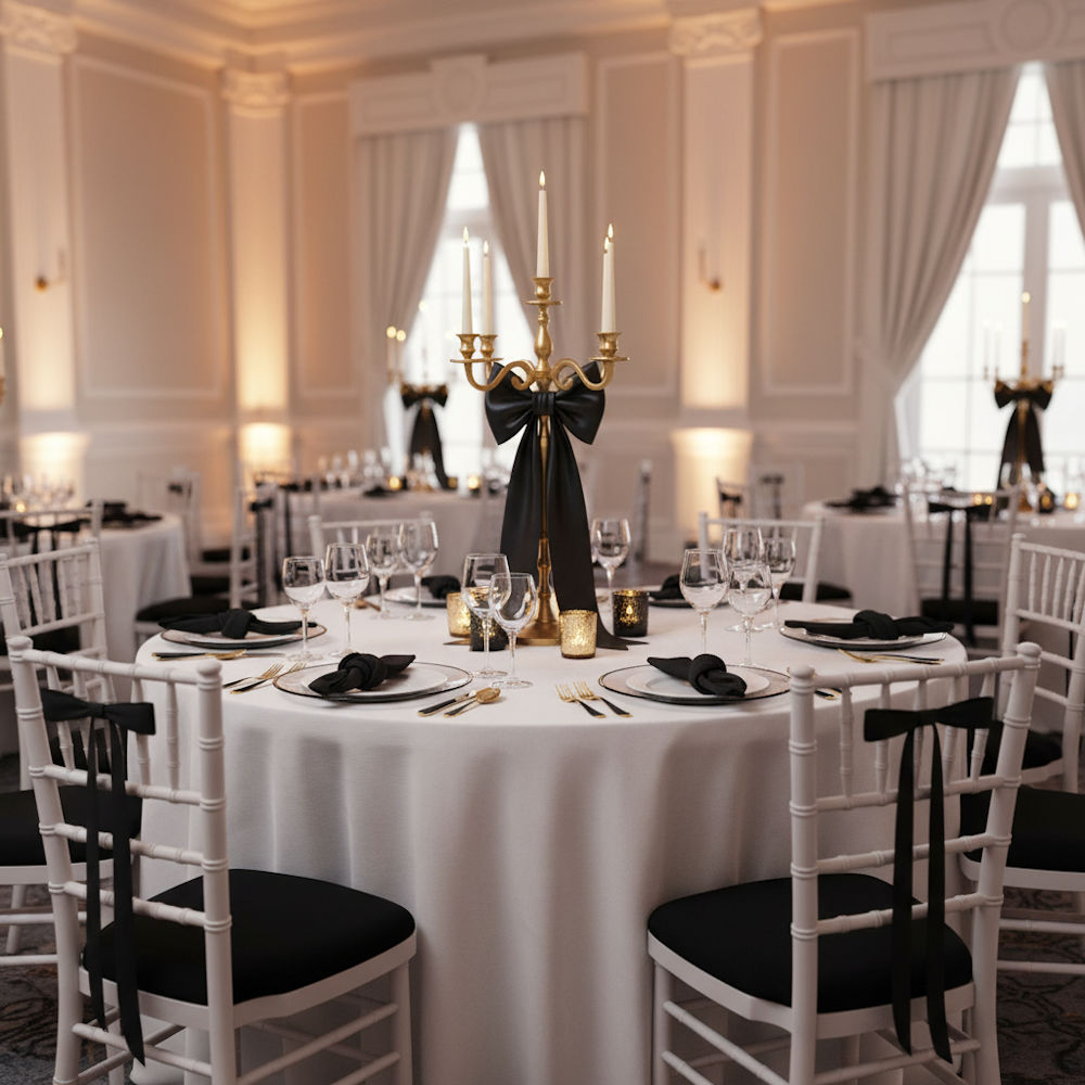 Gold 95cm candleabra with black bow with white tablecloths