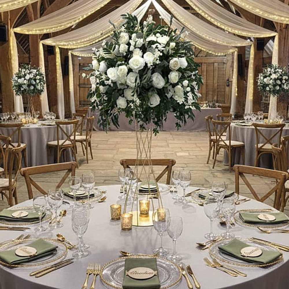 Twisted Metal Flower Stand Gold 80cm with Natural Silks Ivory Flower Ball 70cm