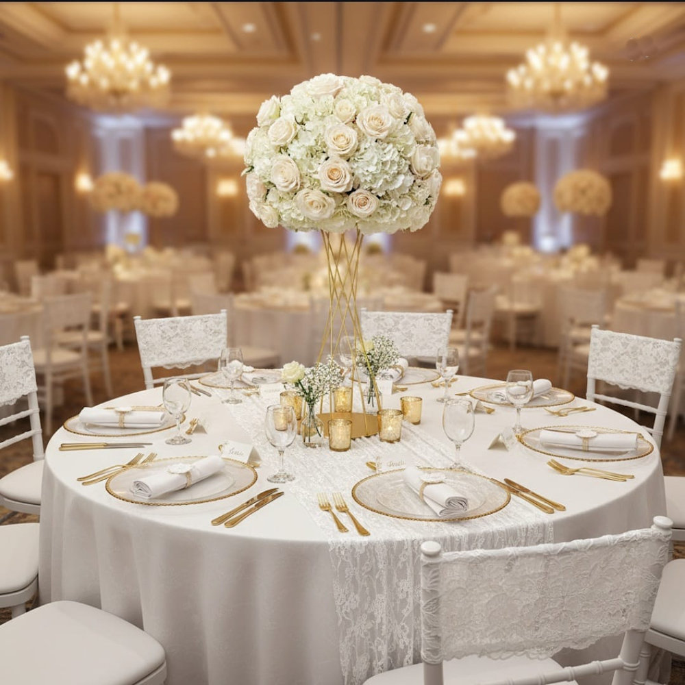 Twisted Metal Flower Stand Gold 80cm with Ivory Flower Ball 70cm