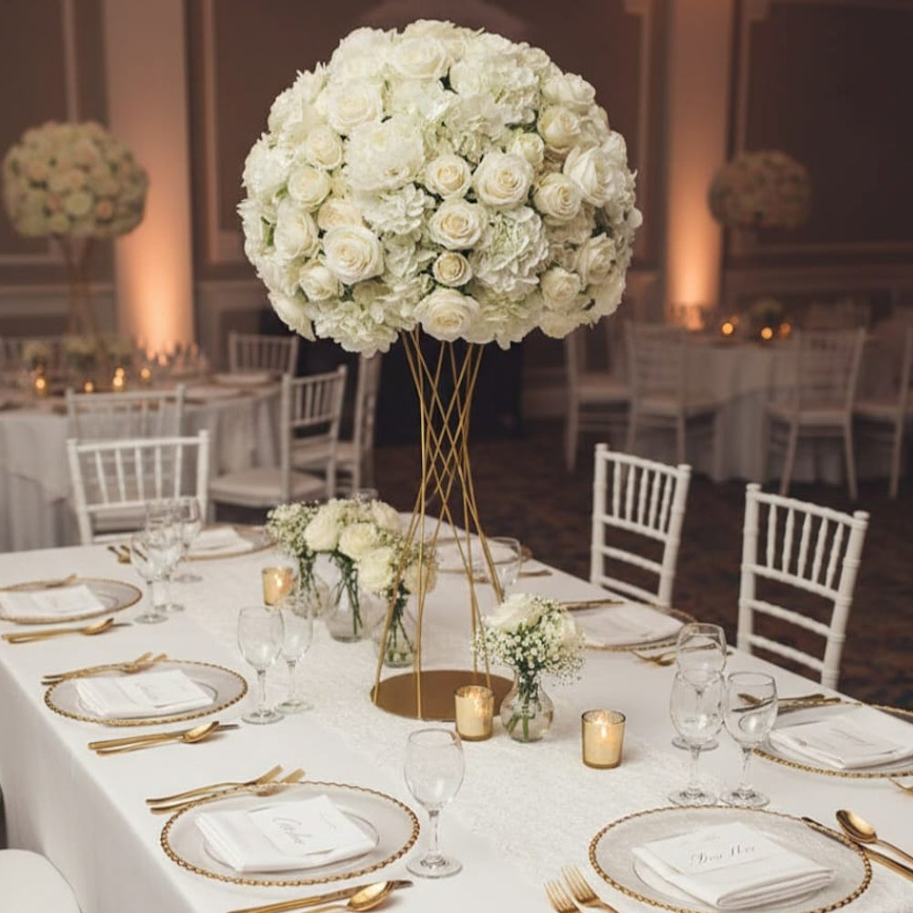 Twisted Metal Flower Stand Gold 80cm with Ivory Flower Ball 70cm
