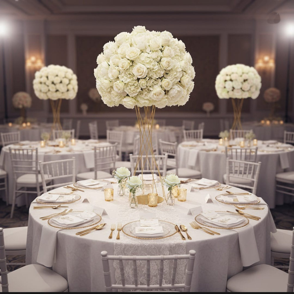 Twisted Metal Flower Stand Gold 80cm with Ivory Flower Ball 70cm