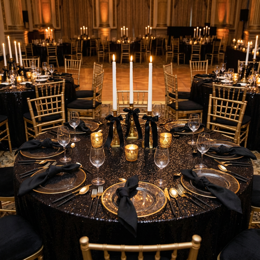 Brass Candlesticks with Black bows and LED candles to hire gatsby sequin tablecloths chiaravri chairs napkins