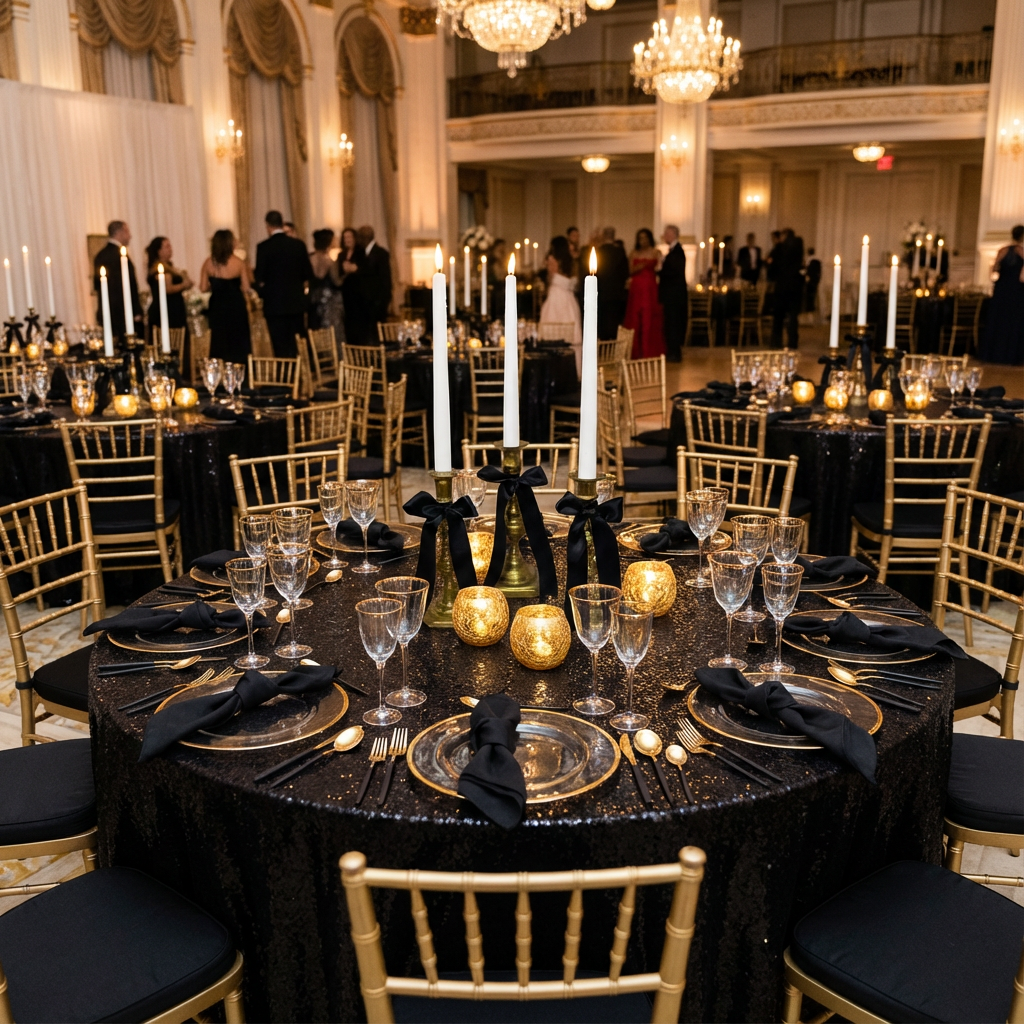 Brass Candlesticks with Black bows and LED candles to hire gatsby sequin tablecloths chiaravri chairs napkins