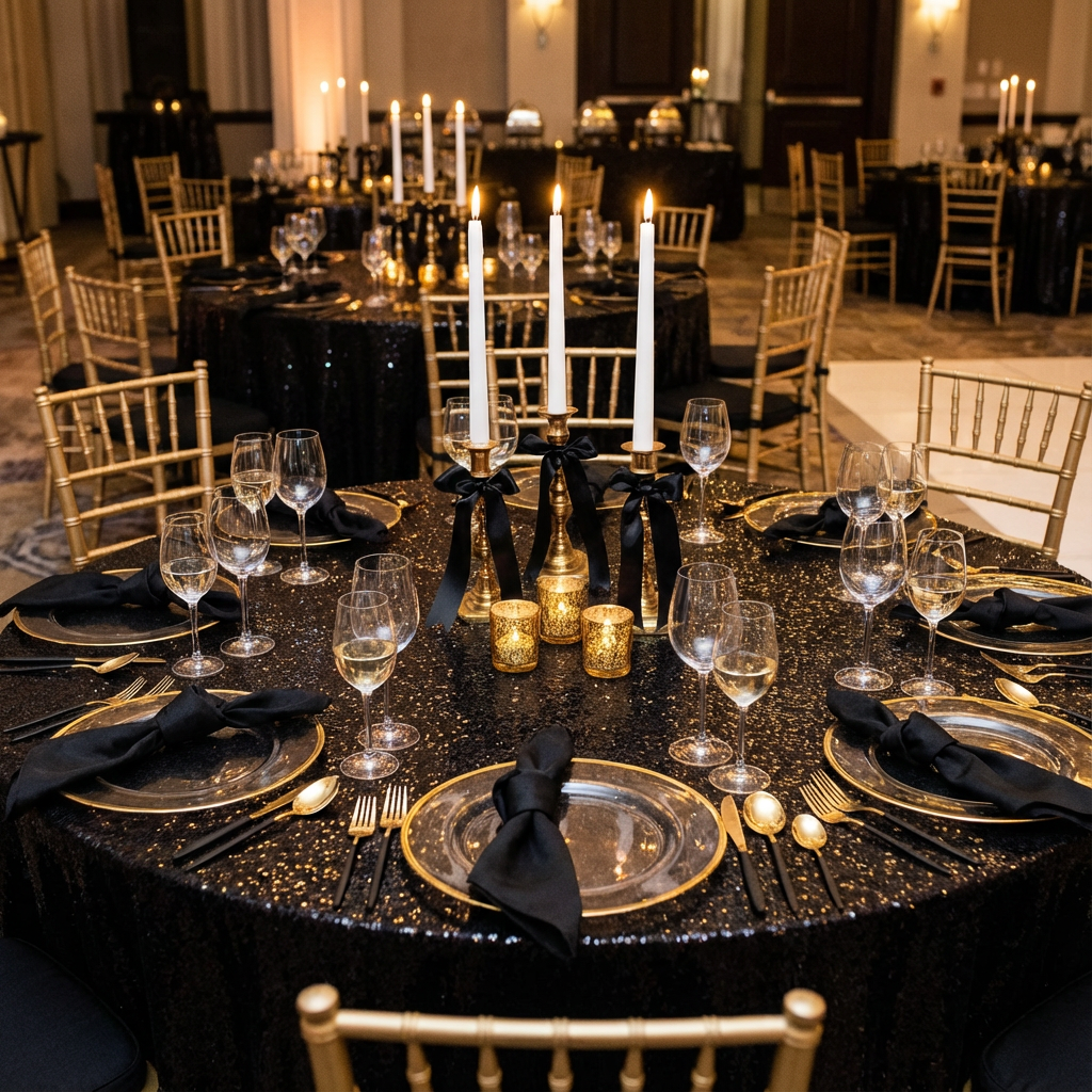 Brass Candlesticks with Black bows and LED candles to hire gatsby sequin tablecloths chiaravri chairs napkins