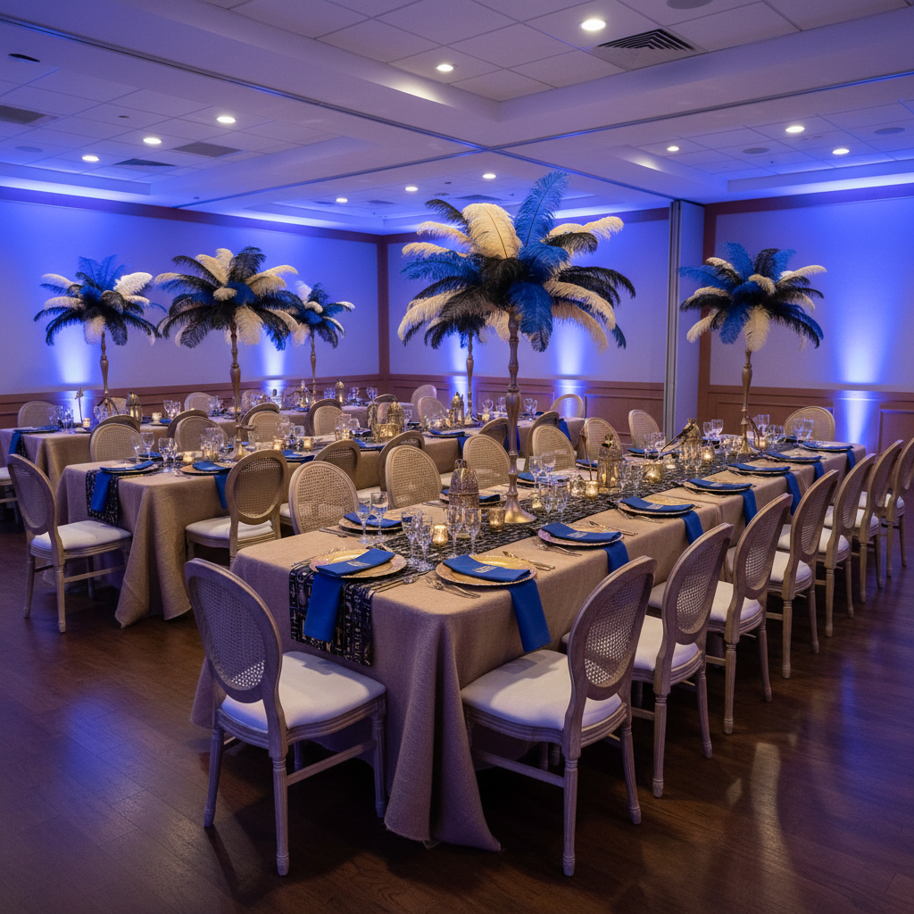 Egypt Heiroglyph Party with Runners, Gold Blue and Black Feather centrepieces, gold lanterns, gold snakes Rattan Louis Chairs