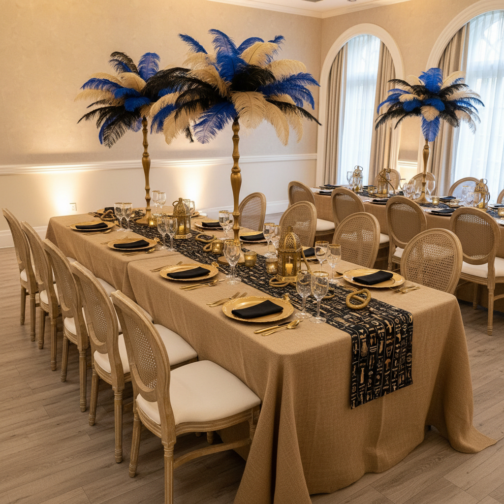 Egypt Heiroglyph Party with Runners, Gold Blue and Black Feather centrepieces, gold lanterns, gold snakes Rattan Louis Chairs