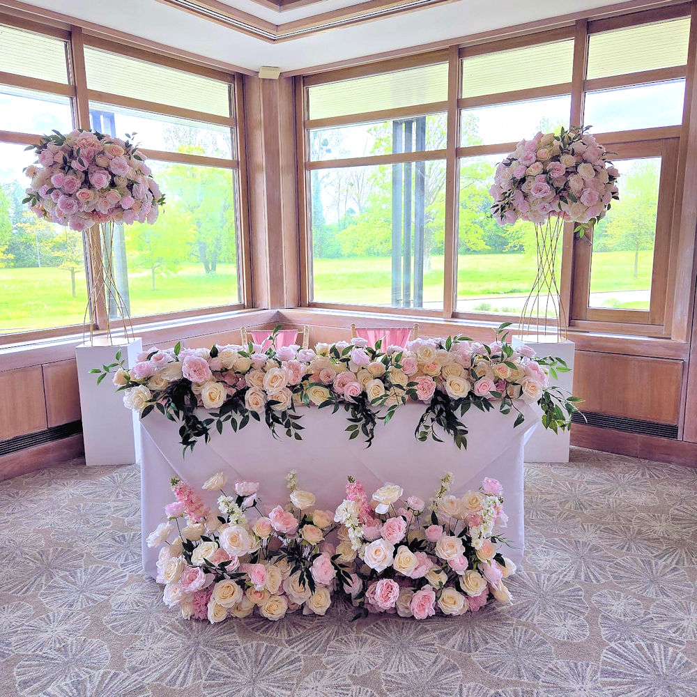 Natural Silks Pink & Ivory 65cm Centrepiece Ball show here with tablerunners and meadow floor runners