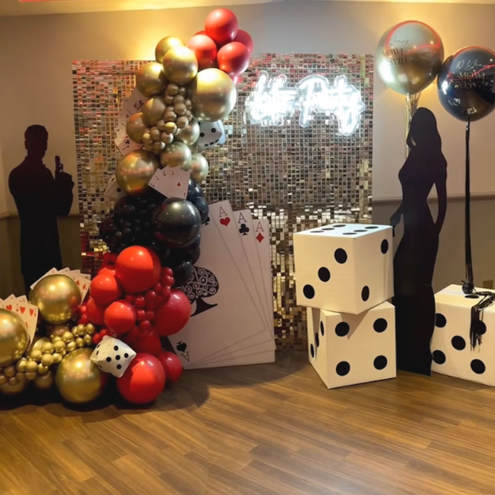 James Bond Backdrop with Rope & Post with Dice & Balloons