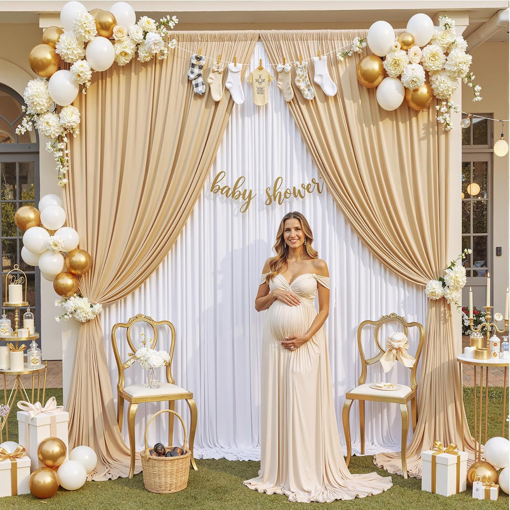 Gold and White Draped Backdrop Baby Shower